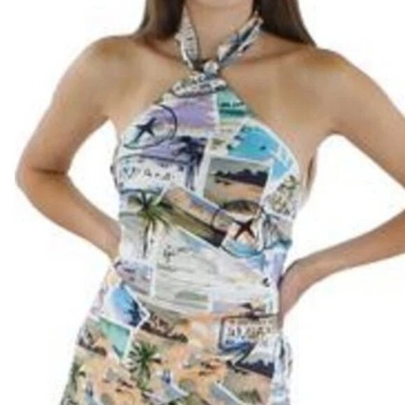 Royalty By Maluma White Travel Print Open Back Tank Halter Top Shirt Blouse - Picture 3 of 5